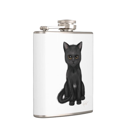 Süße schwarze Miezekatze-Katze mit hellen goldenen Flachmann (Rechts)