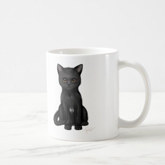 Süße schwarze Miezekatze-Katze mit hellen goldenen Kaffeetasse (Rechts)