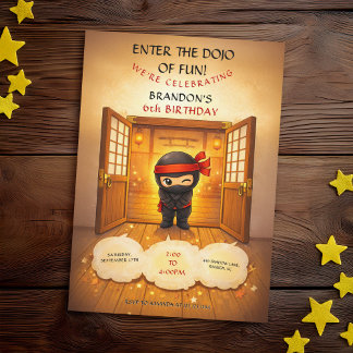 Süße schwarze Ninja-Holztüren Dojo Kindergeburtsta Einladung