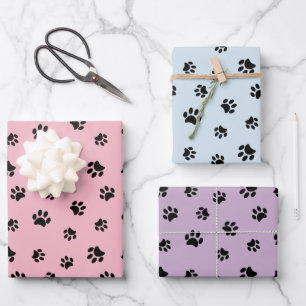 Süße schwarze Pfotenabdrücke Pastell Rosa Blau Lil Geschenkpapier Set