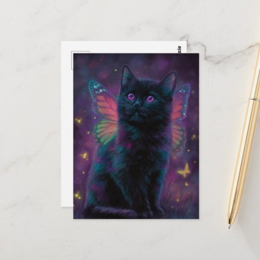 Süße schwarze und violette Katzenfee Postkarte (Vorderseite/Rückseite Beispiel)