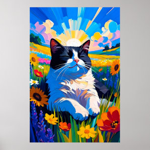 Süße schwarze und weiße Katze ruht auf sonniger Wi Poster