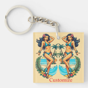 Süße Schwarzhaarige Bikini-Strand-Girl Thunder_Cov Schlüsselanhänger