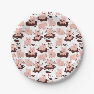 Süße Schweine spielen auf dem Bauernhof mit Tieren Pappteller