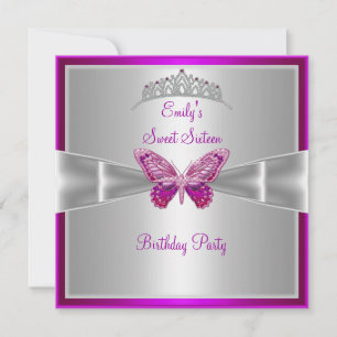 Süße Sechzehn 16 Fuchsia Rosa Silber Tiara 3 Einladung