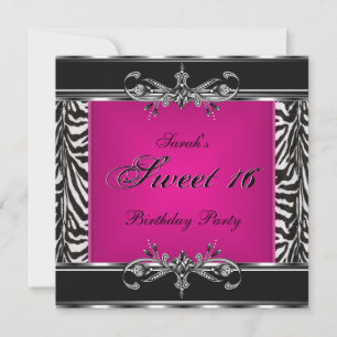 Süße Sechzehn 16. Geburtstag Pink Zebra Schwarz Si Einladung