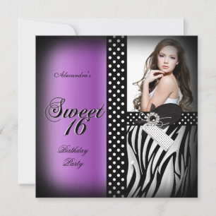 Süße Sechzehn 16 Party Lila Zebra Schwarzer Fleck Einladung