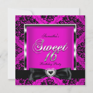 Süße Sechzehn 16 Party Pink Schwarz Damast Silber Einladung
