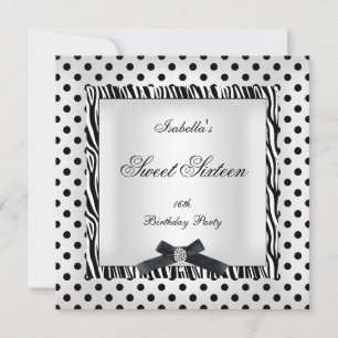 Süße Sechzehn 16 Party Schwarz Weiß Polka-Punkt Bi Einladung