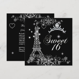 Süße Sechzehn 16 Schwarz Silber Glitter Eiffelturm Einladung