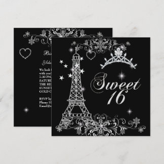 Süße Sechzehn 16 Schwarz Silber Glitter Eiffelturm Einladung