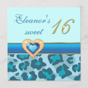 Süße sechzehn blaue Leopard Juwel Herz Geburtstag Einladung