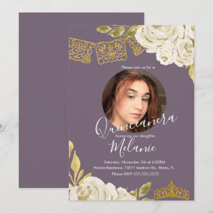 Süße Sechzehn Elfenbein Glitter Faux Blumen Foto Einladung