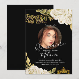 Süße Sechzehn Elfenbein Glitter Faux Blumen Foto  Einladung