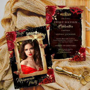 Süße Sechzehn Foto-Maskenball-Party Rot Rose Gold Folieneinladung