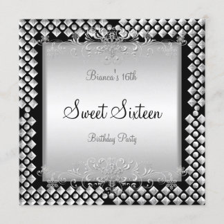 Süße Sechzehn Geburtstag 16 16. Silber Schwarz Einladung