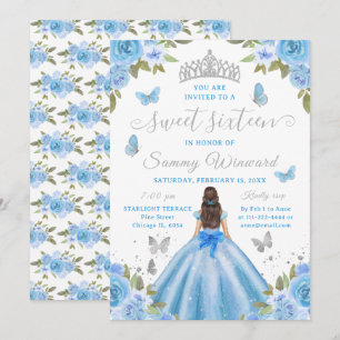 Süße Sechzehn Prinzessin Blau Blumen Silber Tiara Einladung