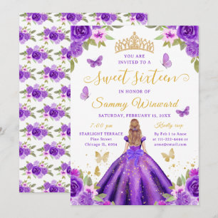 Süße Sechzehn Prinzessin Lila Blumen Gold Tiara Einladung