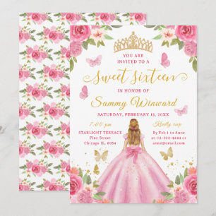 Süße Sechzehn Prinzessin Rosa Blumen Gold Tiara Einladung