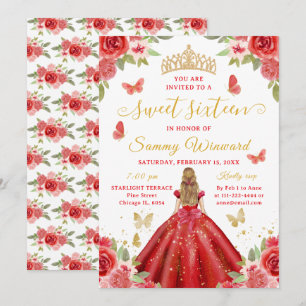 Süße Sechzehn Prinzessin Rot Blumen Gold Tiara Einladung
