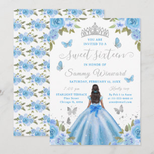 Süße Sechzehn Schwarze Prinzessin Blaue Blumen-Tia Einladung