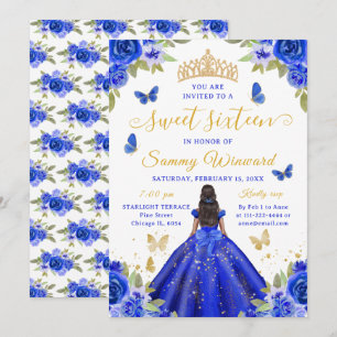 Süße Sechzehn Schwarze Prinzessin Blaue Blumen-Tia Einladung
