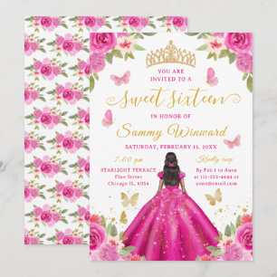 Süße Sechzehn Schwarze Prinzessin Hellrosa Florale Einladung