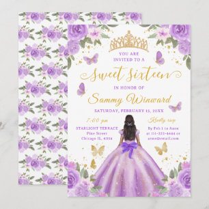 Süße Sechzehn Schwarze Prinzessin Lila Blumen-Tiar Einladung