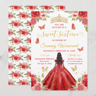 Süße Sechzehn Schwarze Prinzessin Rote Florale Tia Einladung