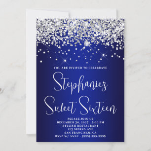 Süße Sechzehn Silber Glitter Königlich Blau Marine Einladung