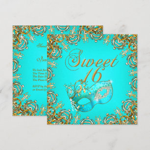 Süße Sechzehn Süße 16 Maskerade Gold Türkis Einladung