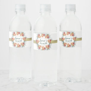 Süße Sechzehn Wasserfarben Floral Pfirsich Grün   Wasserflaschenetikett