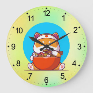 Süße Shiba Inu essen Ramen-Nudel-Cartoon Große Wanduhr