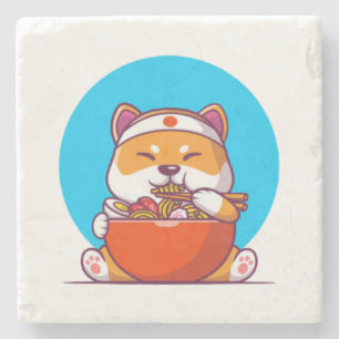 Süße Shiba Inu essen Ramen-Nudel-Cartoon Steinuntersetzer