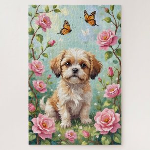 Süße Shih Tzu im Frühlingsrosengarten Hund Puzzle
