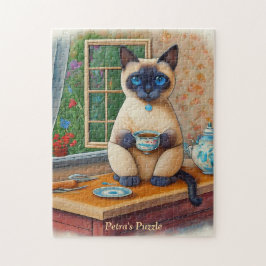 Süße siamesische Katze und Teetassen-Puzzle Puzzle