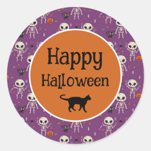 Süße Skelette und Katze Halloween Lila und Orange Runder Aufkleber
