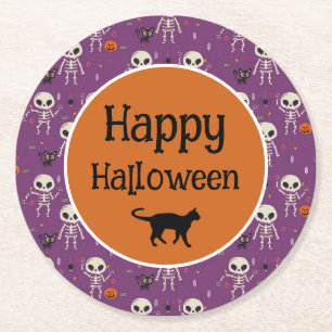 Süße Skelette und Katzen Halloween Lila und Orange Runder Pappuntersetzer