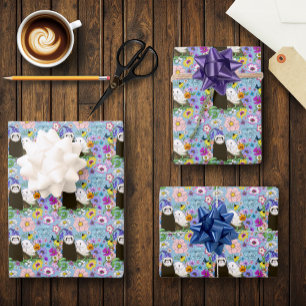 Süße skurrile blaue niedliche florale Frettchen-Pa Geschenkpapier Set