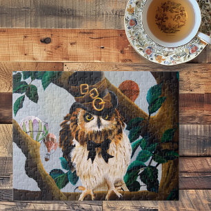Süße skurrile braune Steampunk-Eule Zylinderhut Puzzle