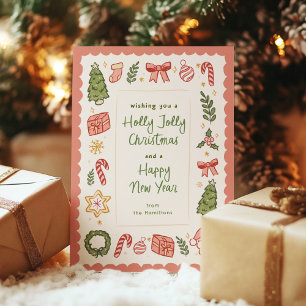 Süße, skurrile, handgezeichnete Weihnachts-Ikonen Feiertagskarte