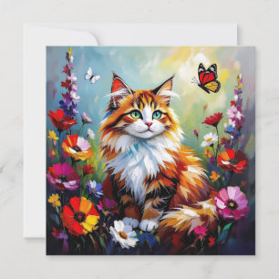 Süße skurrile Katze, Blumen und Schmetterlinge Karte