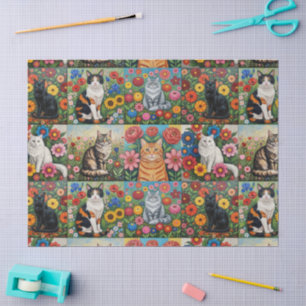 Süße skurrile Katzen und volkstümliche Kunstblumen Seidenpapier
