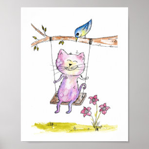 Süße skurrile rosa Katze auf einer Schaukel Poster