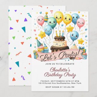 Süße Smiley-Ballons und Kuchengeburtstag Einladung