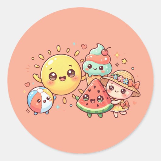 Süße Sommerfreunde-Stickerbogen Runder Aufkleber (Vorderseite)