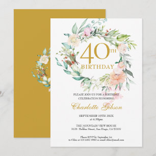 Süße Sommerrosen-Girlande Monogramm 40. Geburtstag Einladung