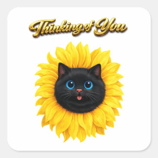 Süße Sonnenblume Schwarze Katzengesicht Denkt an D Quadratischer Aufkleber