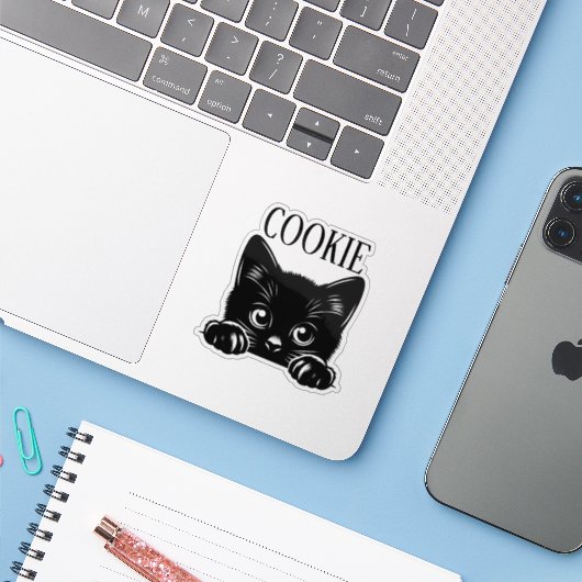 Süße spähende Katze personalisiert Aufkleber (Laptop mit iPhone)