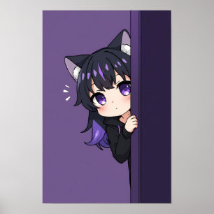 Süße spähende Neko Chibi – Schüchterne lila Katzen Poster